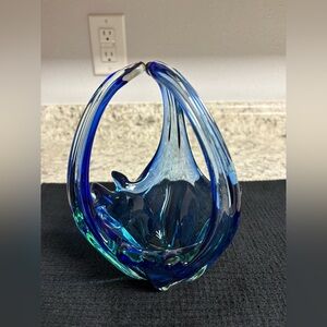 Murano Art Glass Blue Basket Bowl